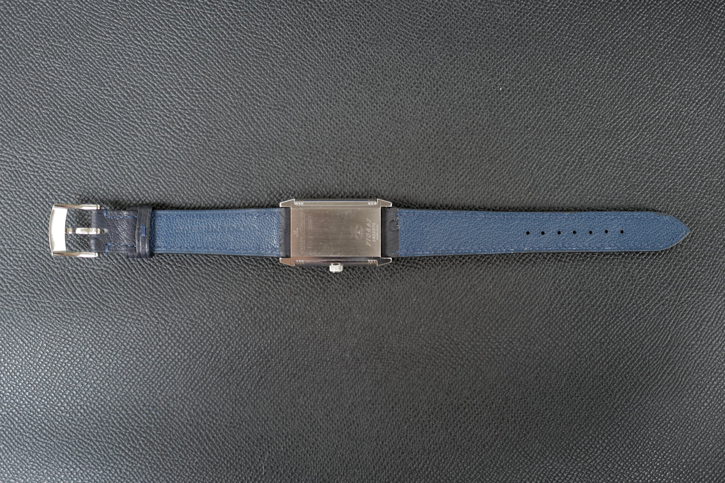 Navy blue Ostrich Leather strap.