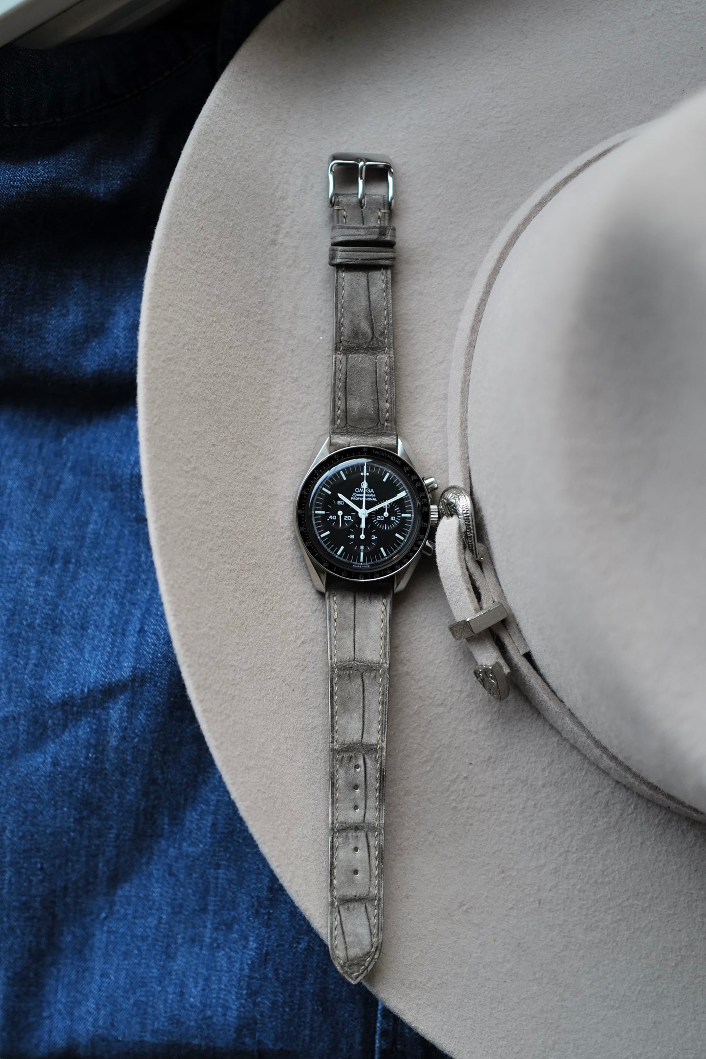 Grey suede crocodile leather watch strap