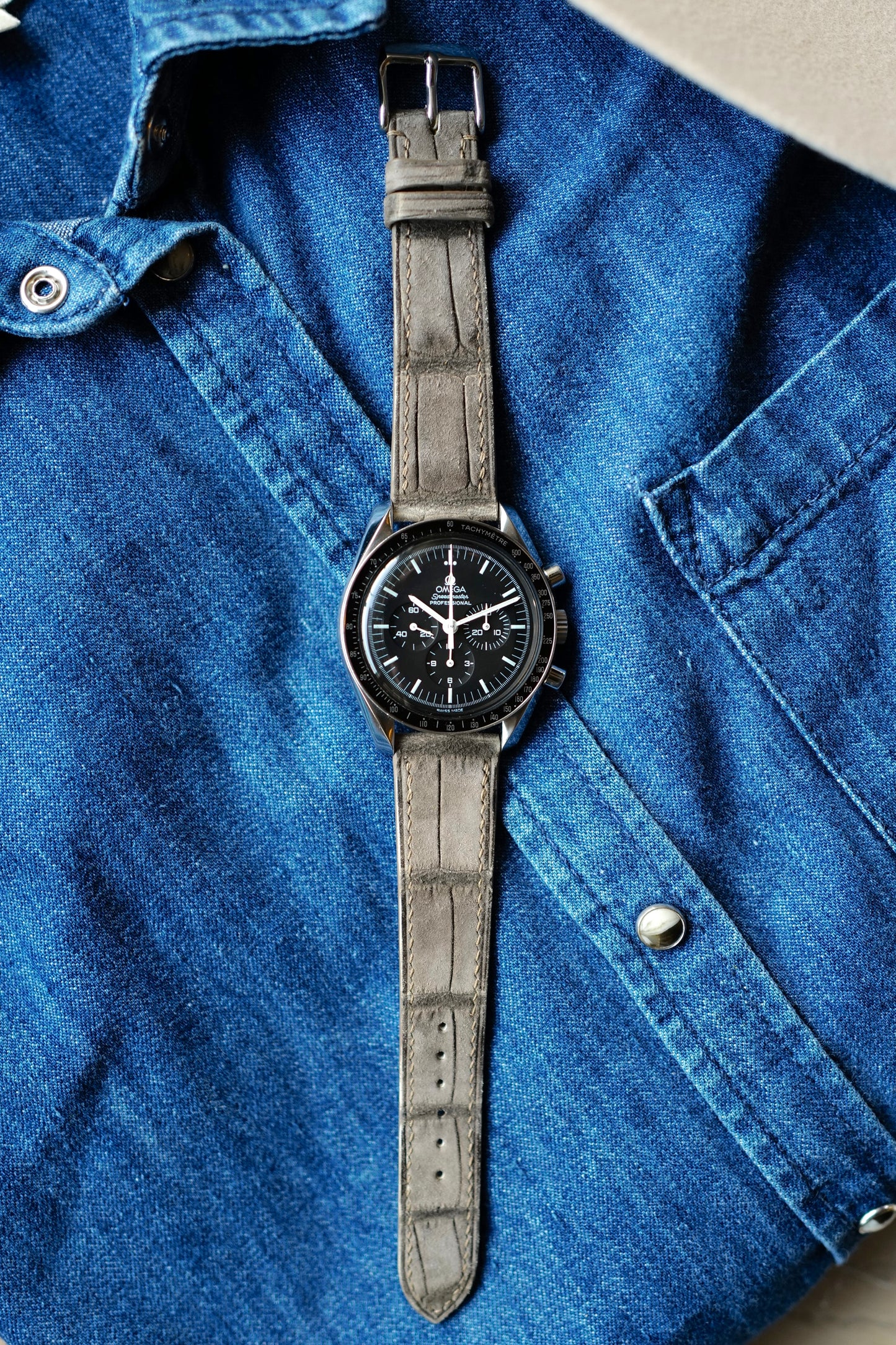 Grey suede crocodile leather watch strap
