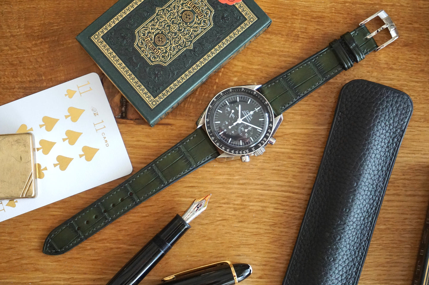 Crocodile leather in patinaed deep green watch strap.