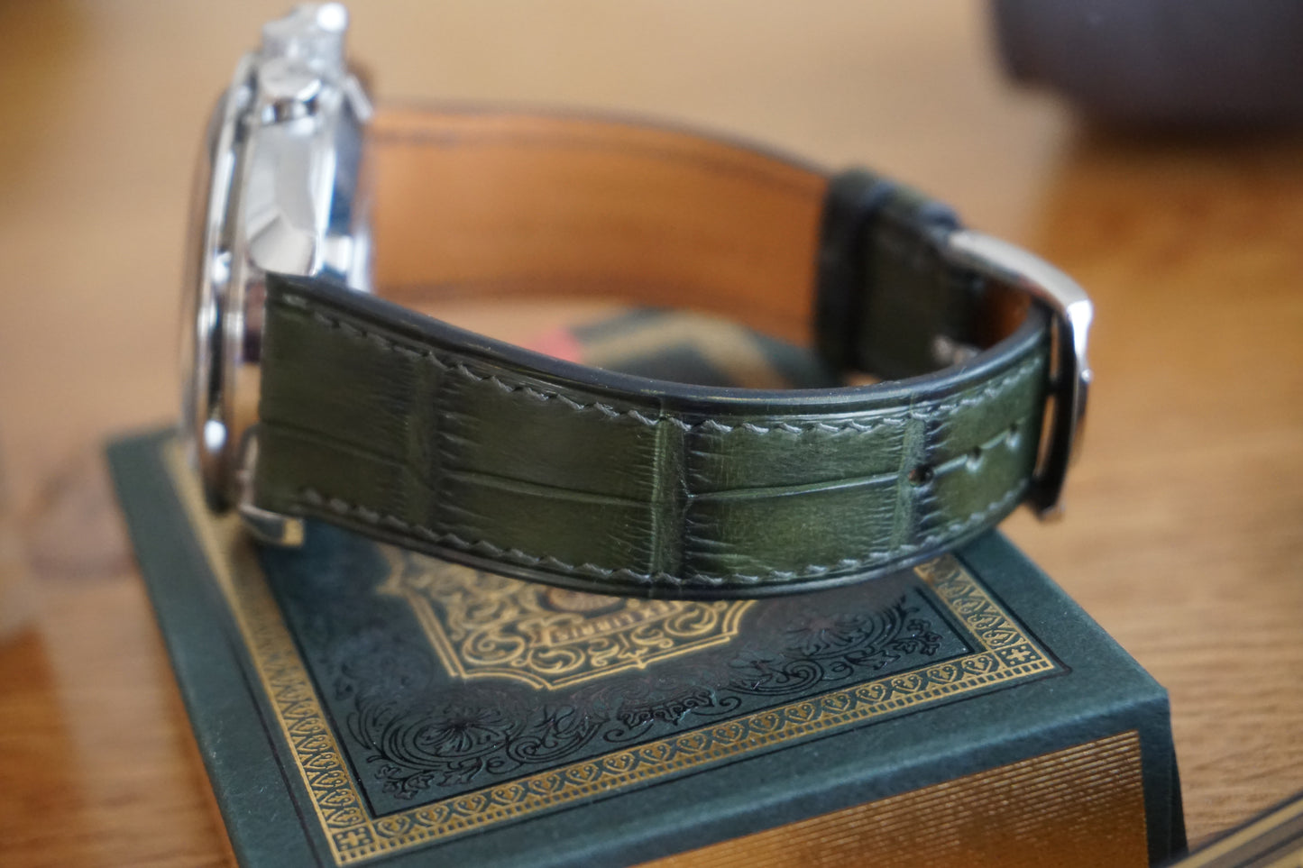 Crocodile leather in patinaed deep green watch strap.