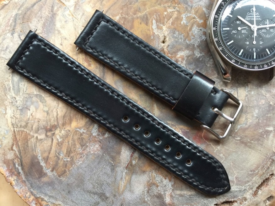 Box Stitched black Horween shell cordovan watch strap
