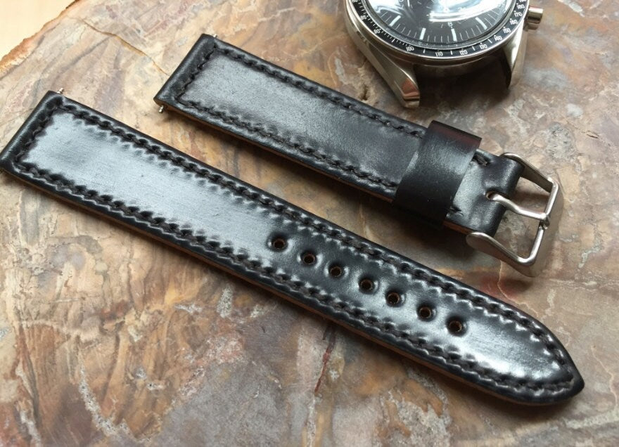 Box Stitched black Horween shell cordovan watch strap