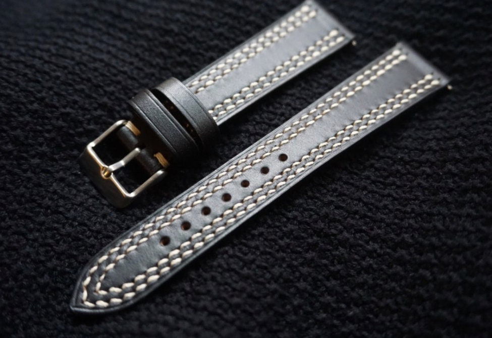 Black Double stitched Horween Chromexcel watch strap