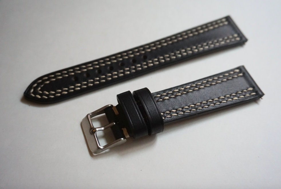 Black Double stitched Horween Chromexcel watch strap