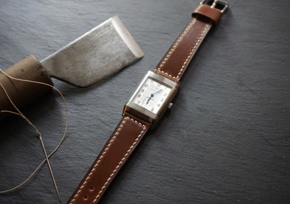 Box stitched Bourbon Horween shell cordovan watch strap