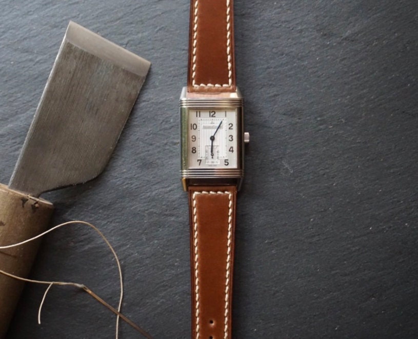Box stitched Bourbon Horween shell cordovan watch strap