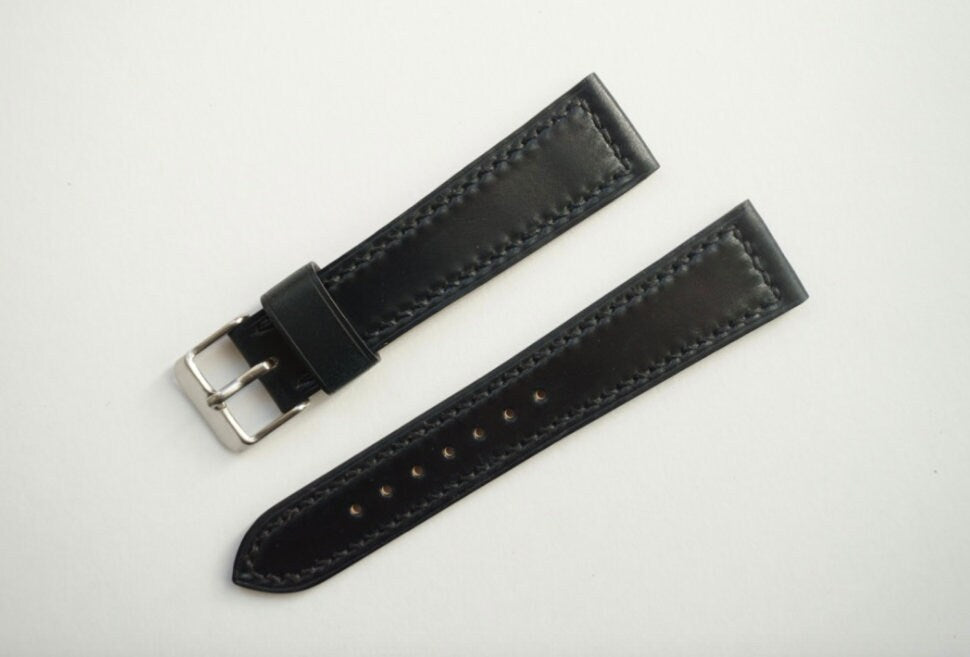 Box Stitched black Horween shell cordovan watch strap