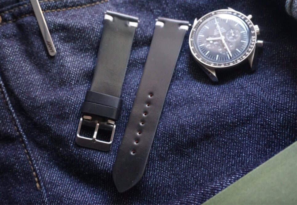 Two stitch in black Horween Shell cordovan watch strap
