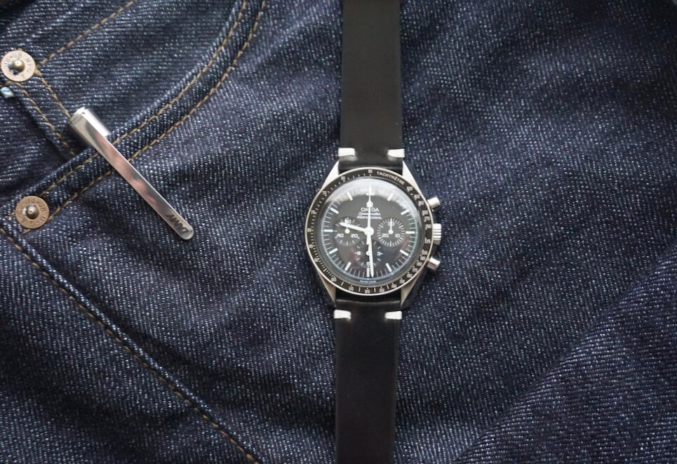 Two stitch in black Horween Shell cordovan watch strap