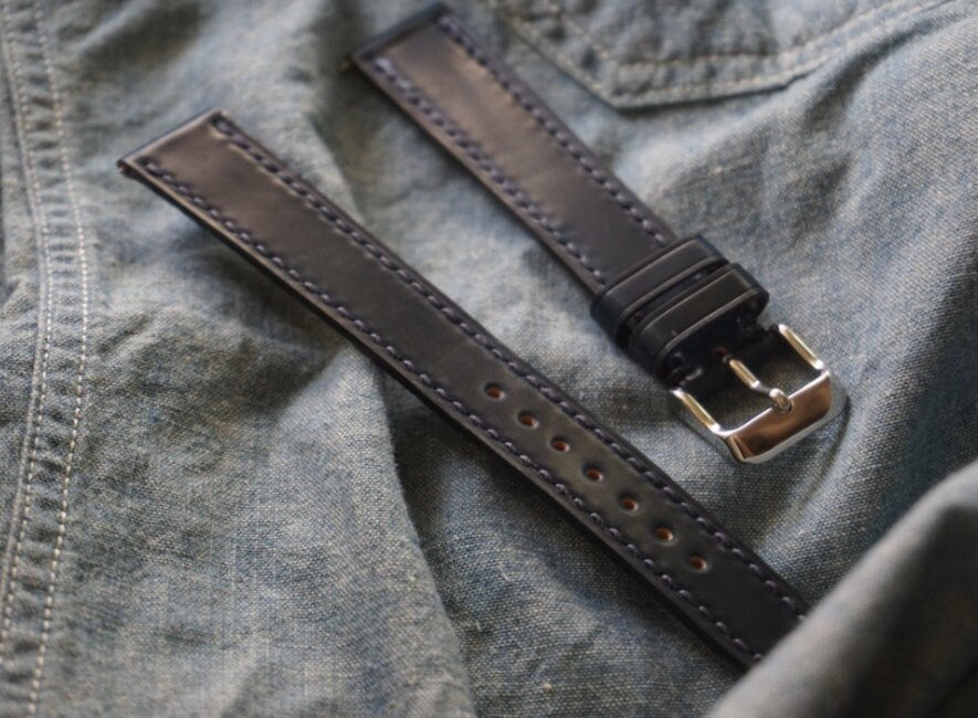 Navy blue Horween Shell cordovan watch strap