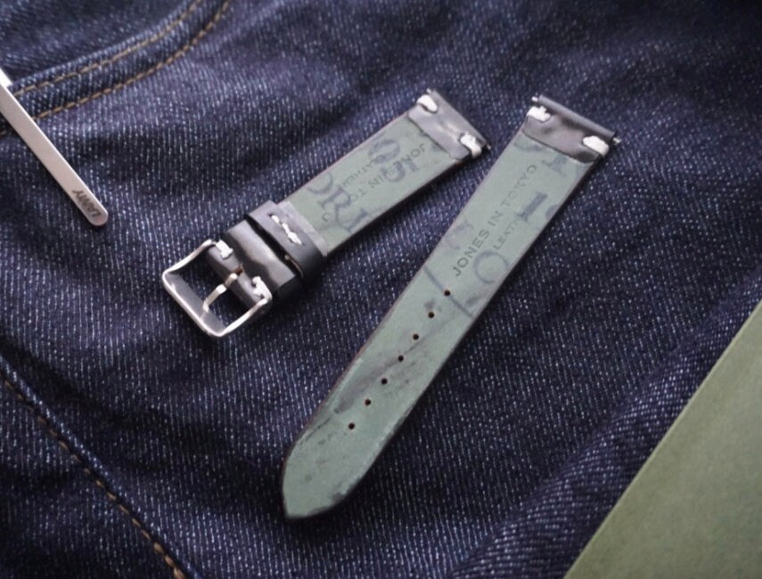 Two stitch in black Horween Shell cordovan watch strap