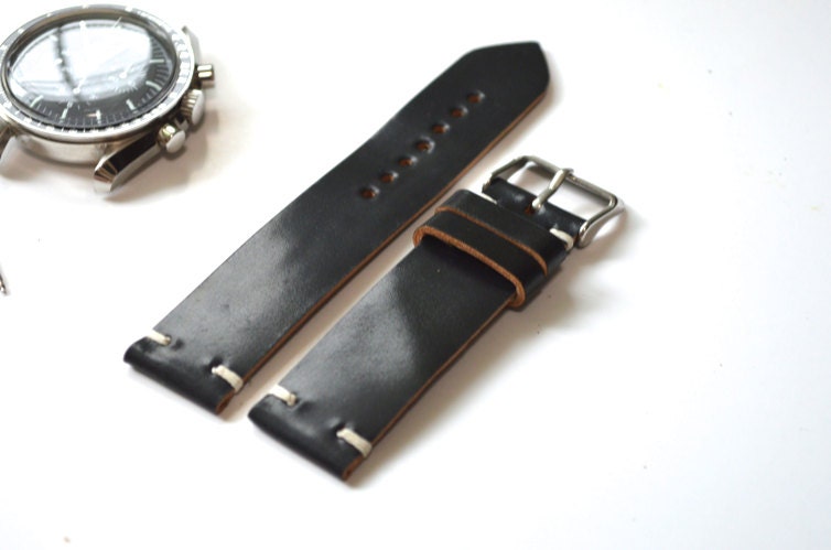 Two stitch black Horween shell cordovan watch strap