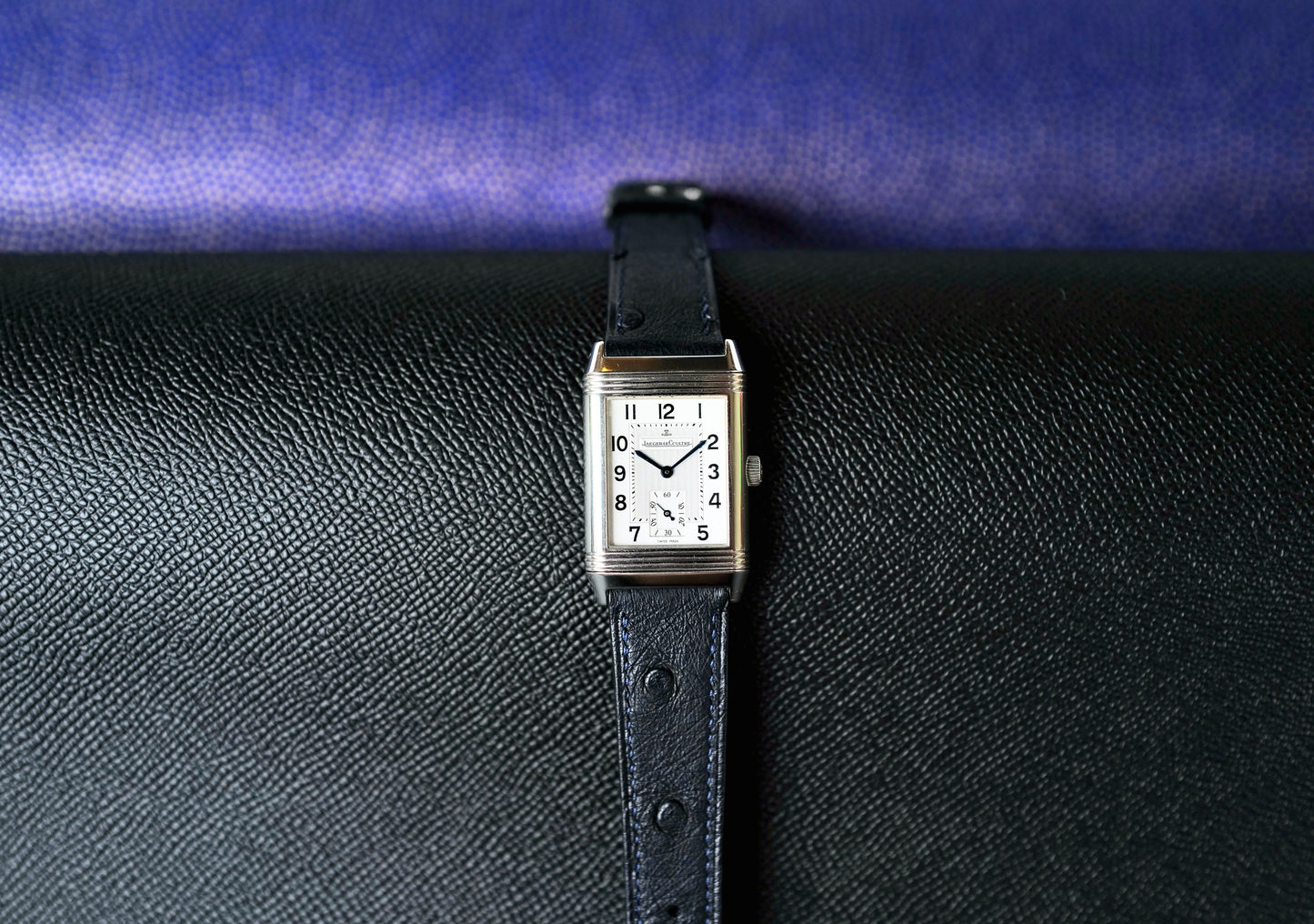 Navy blue Ostrich Leather strap.