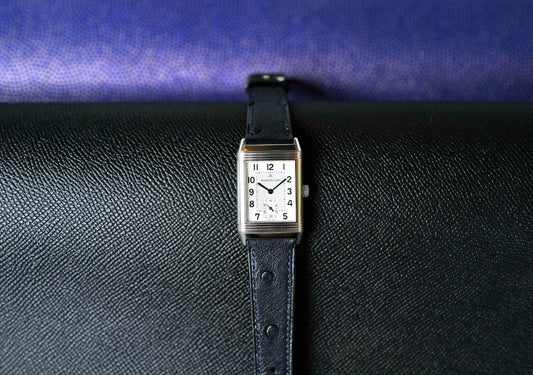 Navy blue Ostrich Leather strap.