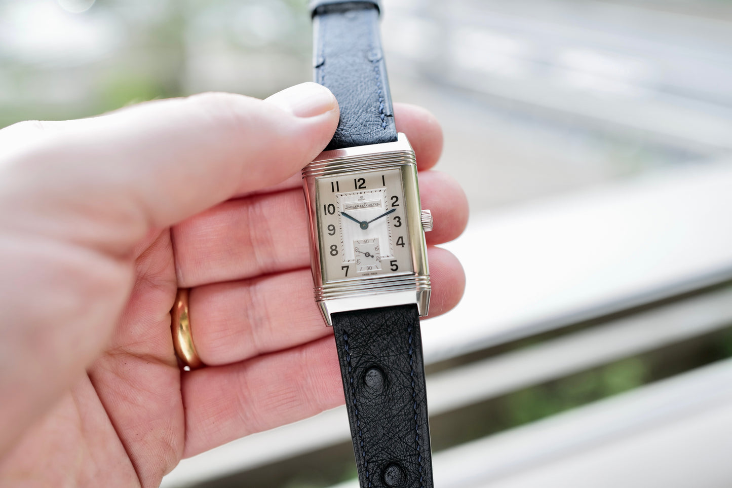 Navy blue Ostrich Leather strap.