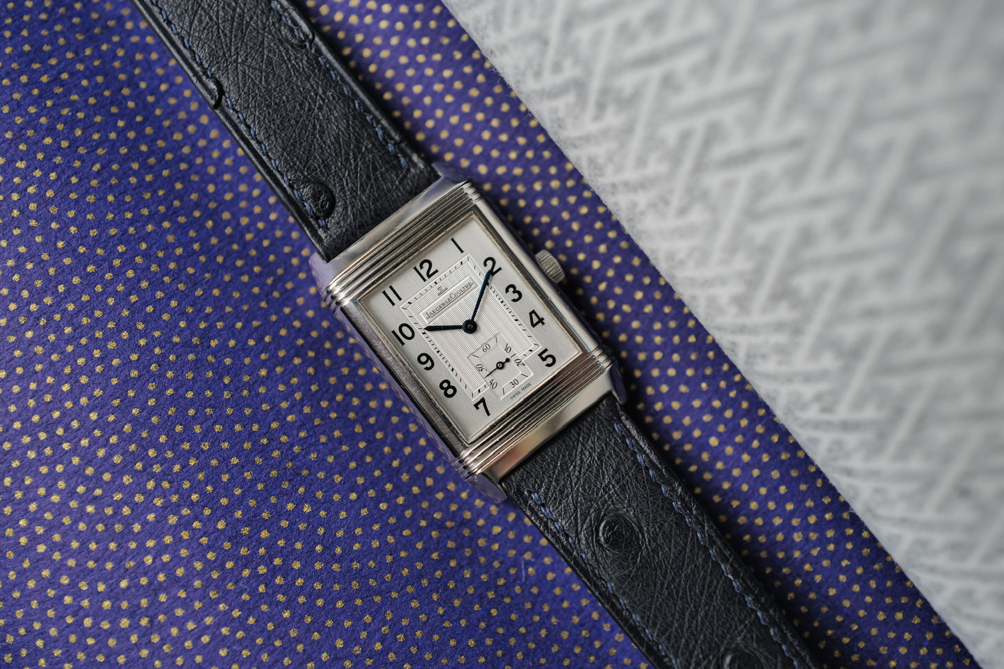 Navy blue Ostrich Leather strap.