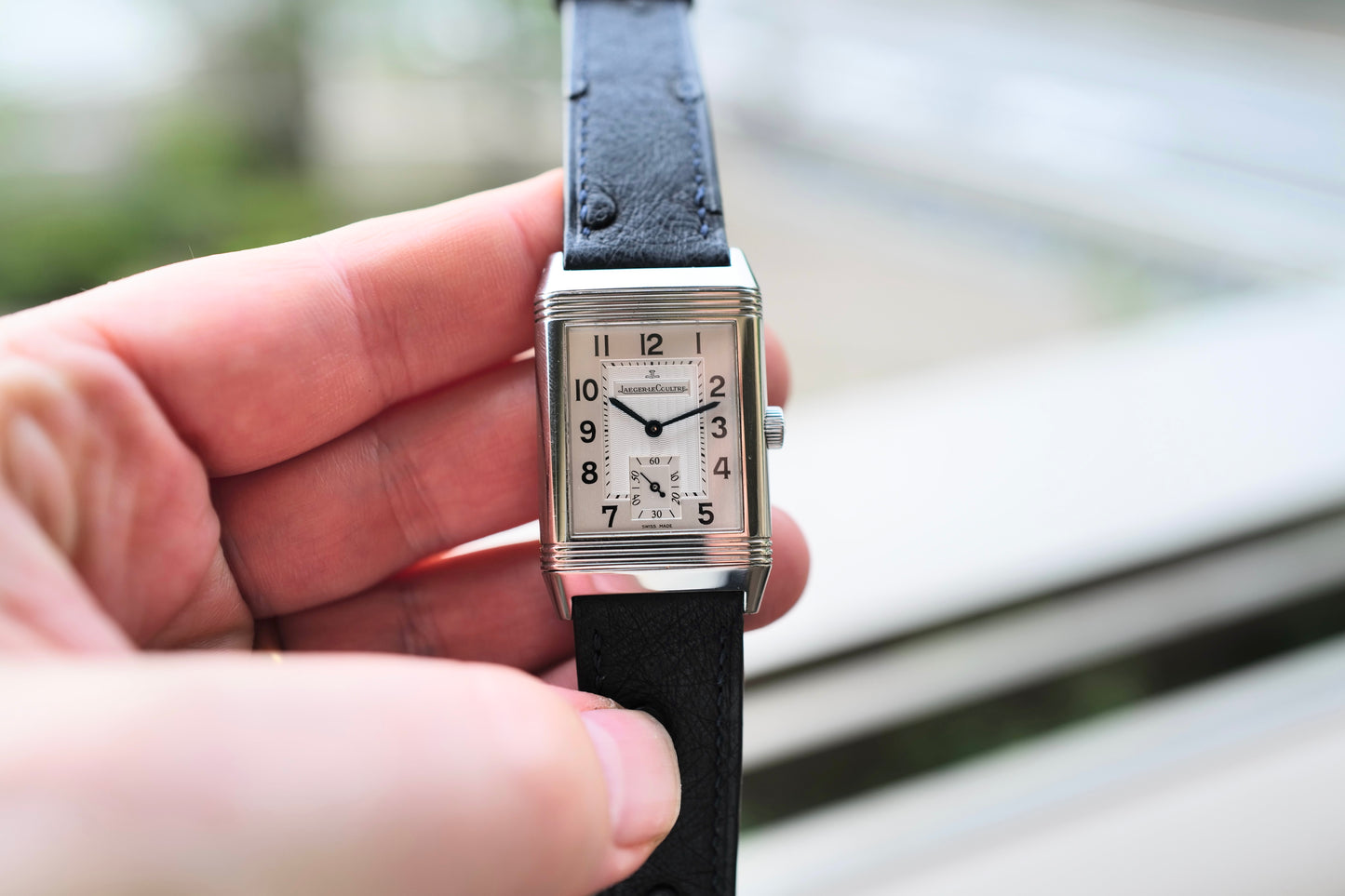 Navy blue Ostrich Leather strap.