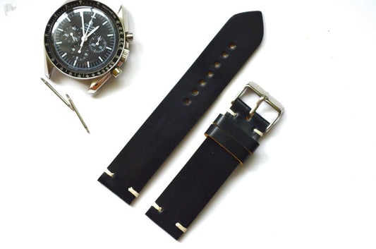 Two stitch  black Horween shell cordovan watch strap